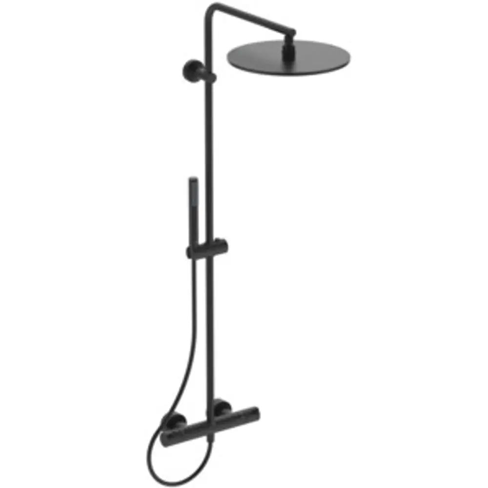 Duschsystem in Schwarz mit runder Kopfbrause und Handbrause, verstellbaren Griffen und Anschluss für Wasserleitung. Ideal Standard Produkt.